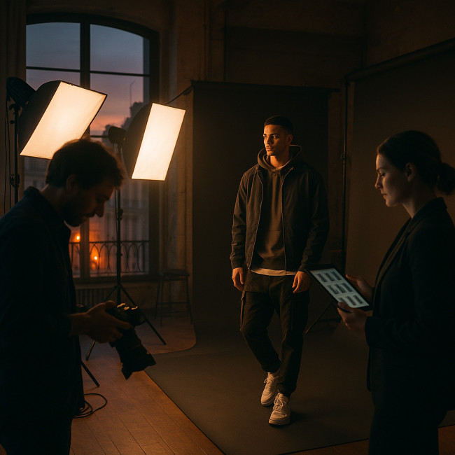 Male model walks onto set for an urgent early-morning shoot