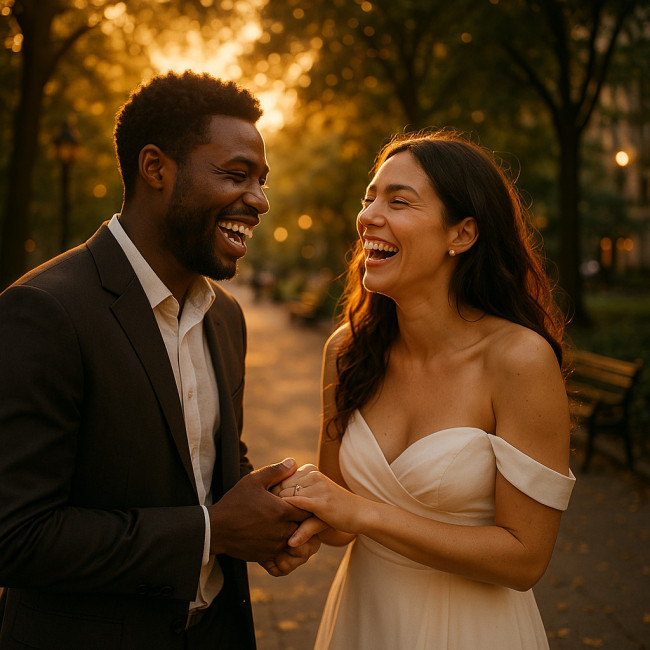 Golden-hour engagement photo in park