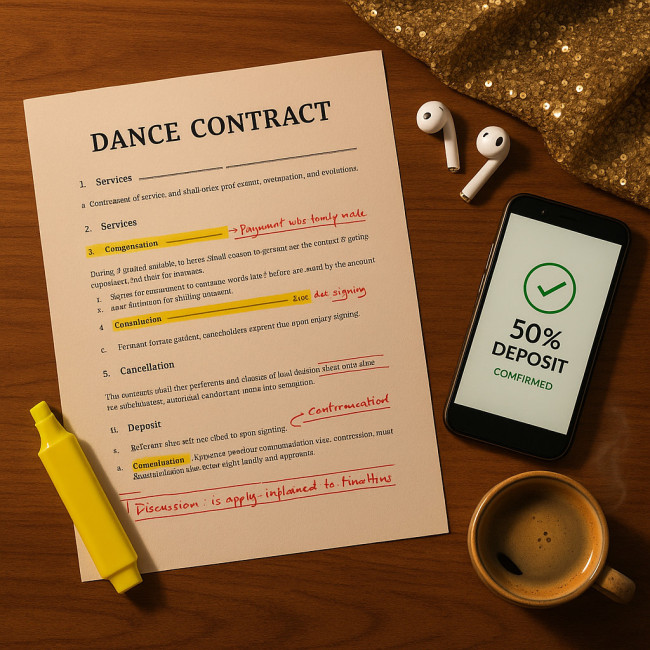flat lay of dance contract and deposit confirmation