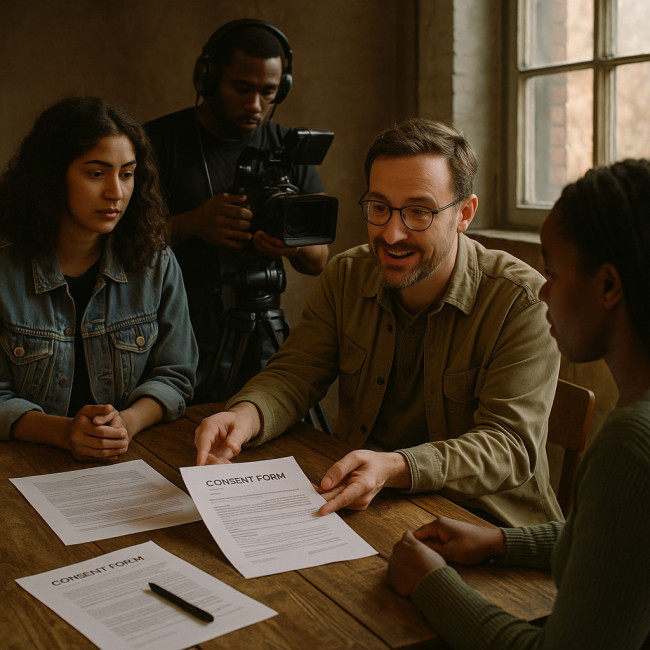 Filmmakers explaining consent forms to a participant
