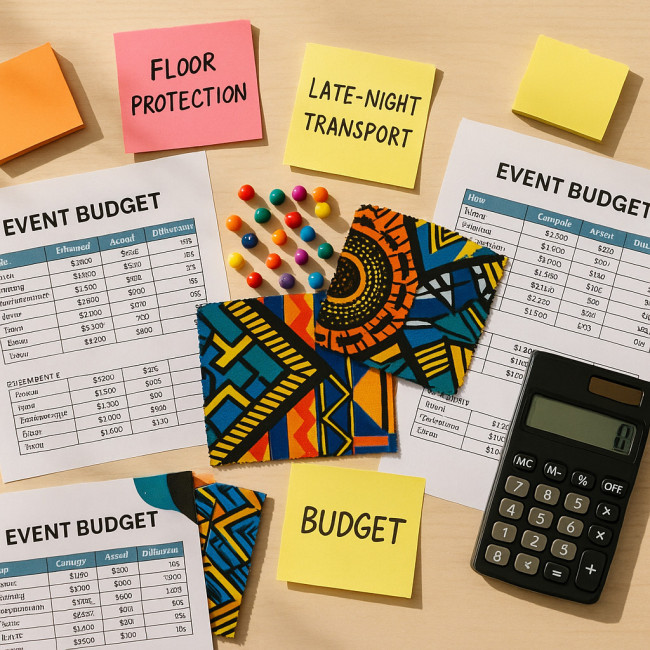 Event planner desk with budgeting notes and African fabric