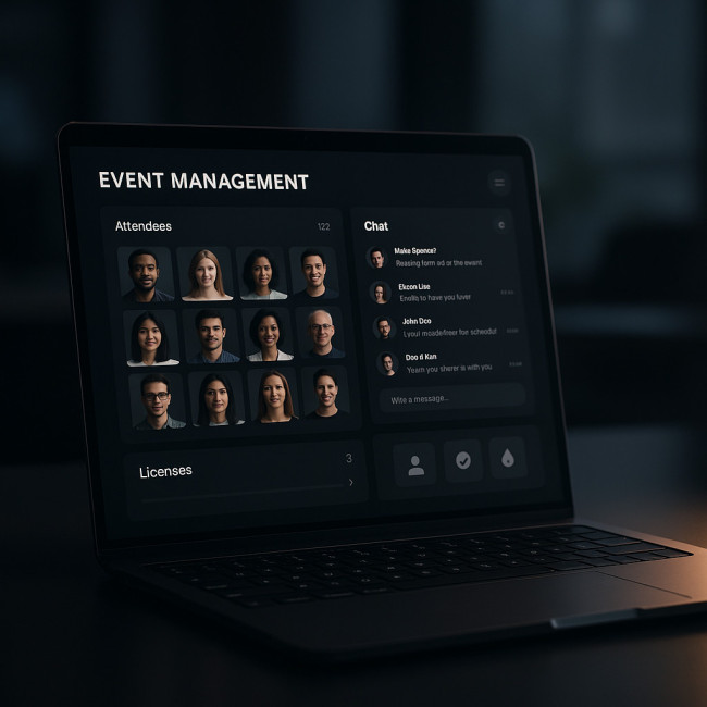 Laptop displaying event management dashboard for digital artist meetups