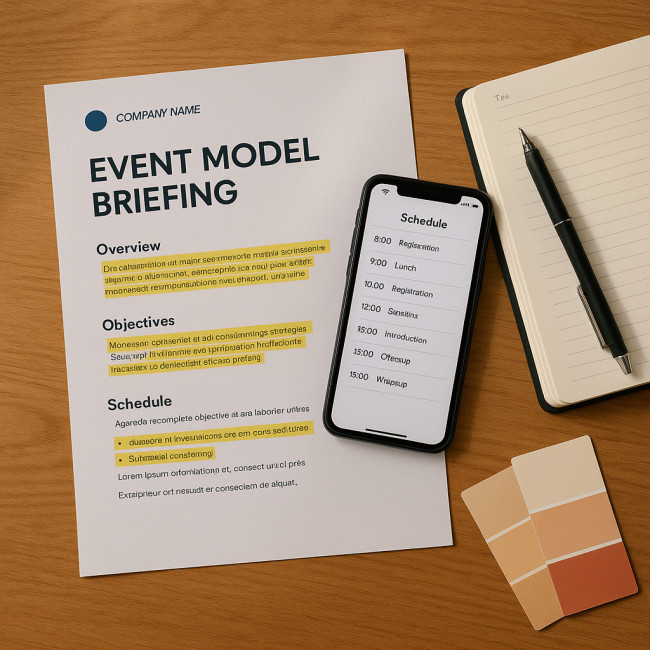 Detailed event model briefing document on desk