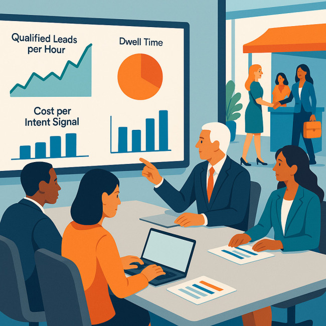 Marketing team reviews ROI dashboard with event models