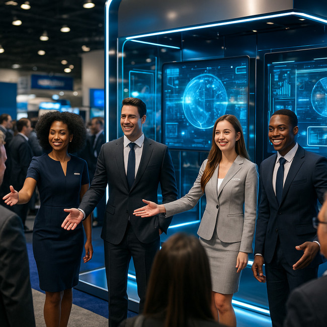 event models greeting visitors at a futuristic trade show booth