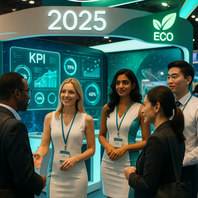 Event models greeting visitors at a futuristic trade show booth