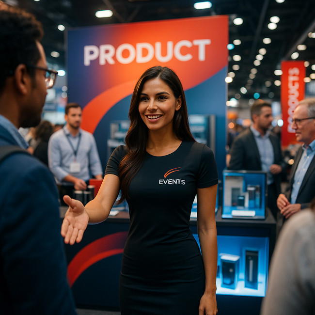 Event model welcoming guests at a busy trade show
