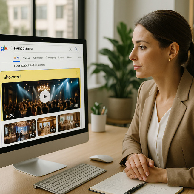 Event planner viewing a top-ranked showreel in Google results