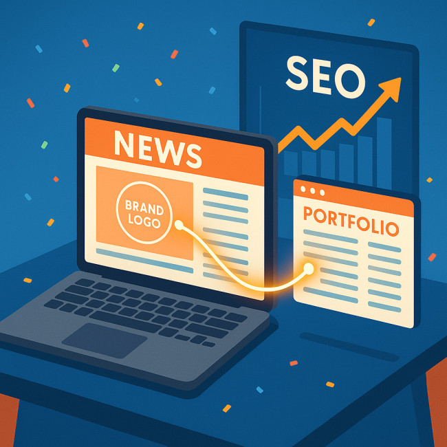 Illustration of press article generating backlinks and SEO growth