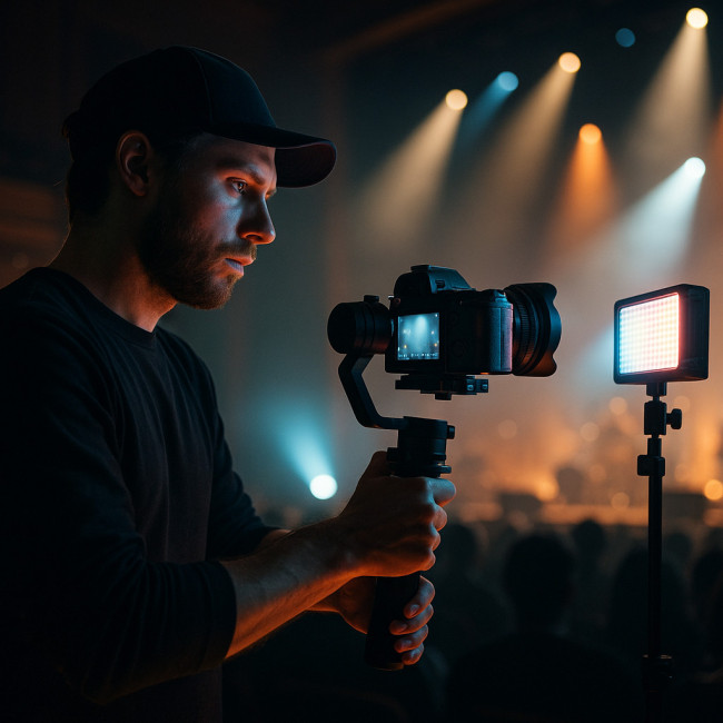 Videographer capturing footage in a dark concert hall