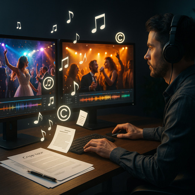 Event videographer editing footage with music and legal icons