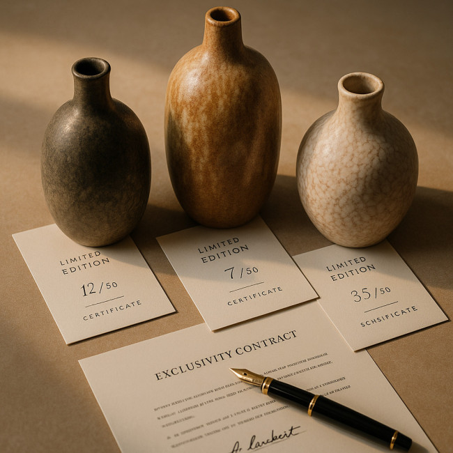 flat lay of limited edition ceramic vases and exclusivity contract
