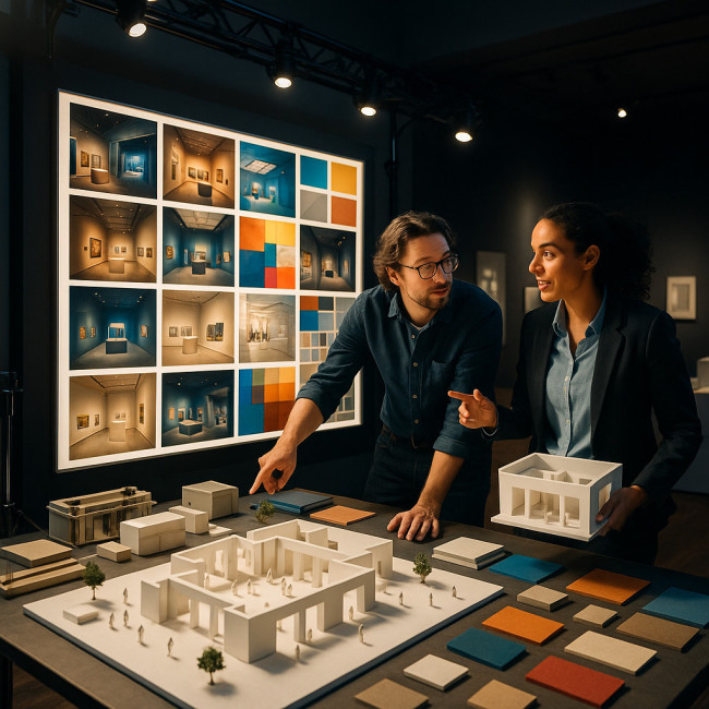 Two exhibition scenographers collaborating in a gallery