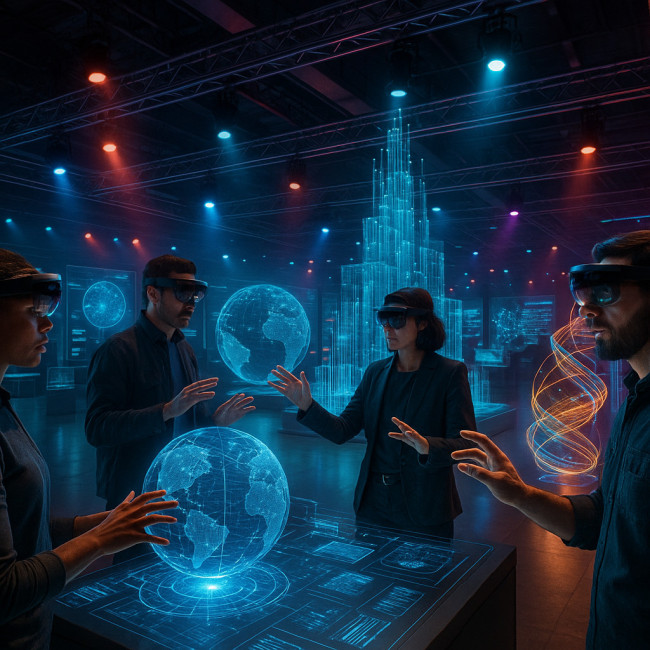 Scenographers testing immersive tech in a futuristic exhibition hall