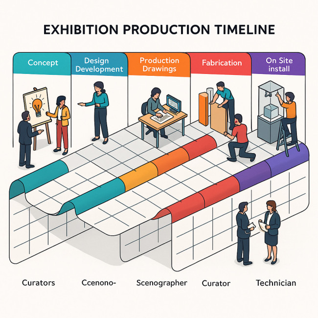 isometric timeline of exhibition production phases