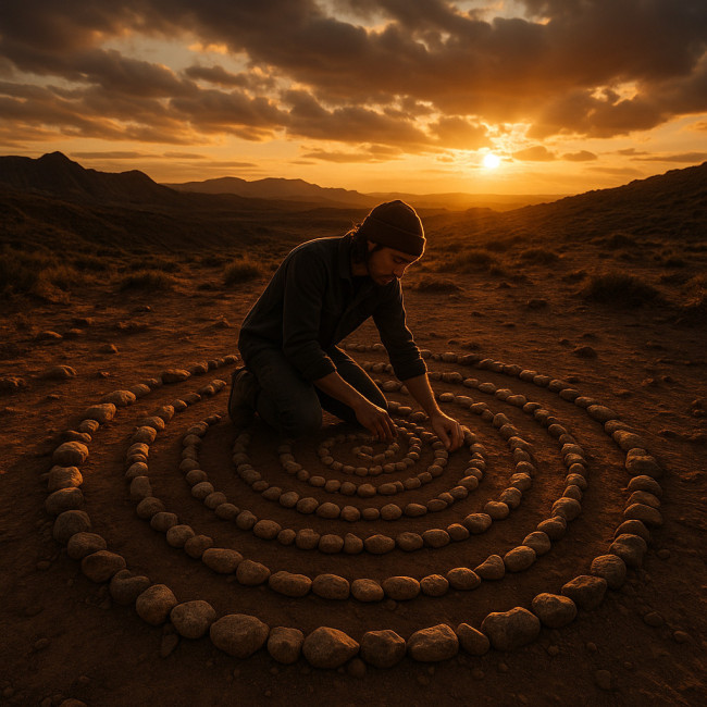 Land artist arranging spiral pattern on rugged terrain at sunset