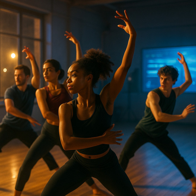 group of dancers training in a modern studio