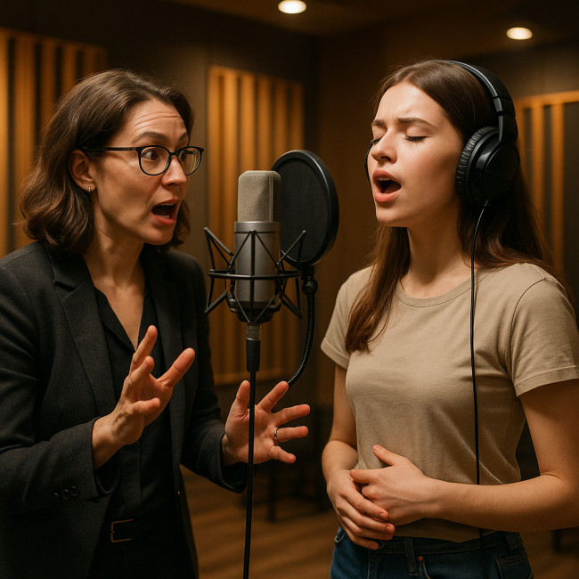 Female vocal coach training singer in studio
