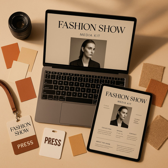 Flat lay of digital fashion media kit with accessories