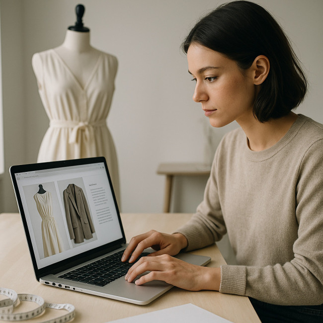 Designer editing garment captions in digital portfolio
