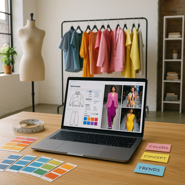 Laptop showing tech pack next to runway images