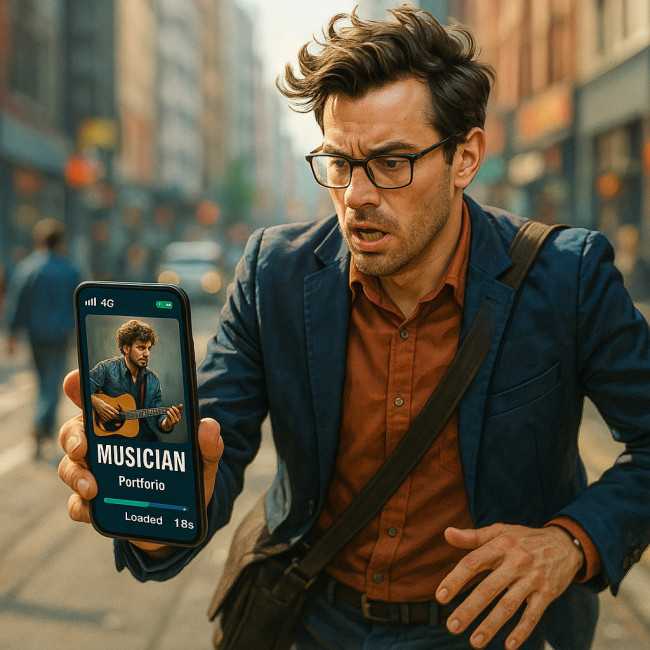 smartphone showing a musician site loading fast