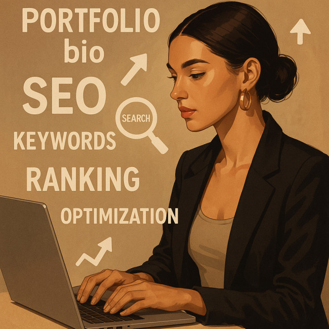 female model writing seo bio on laptop