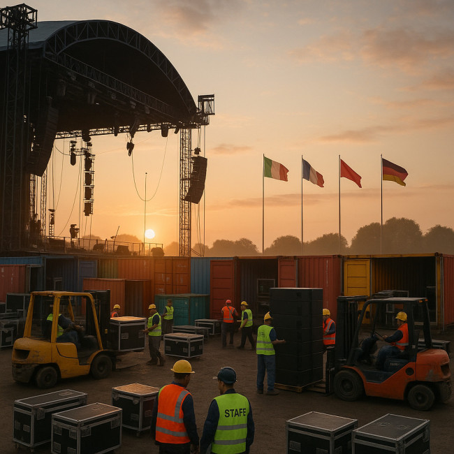 Backstage logistics scene at an international music festival