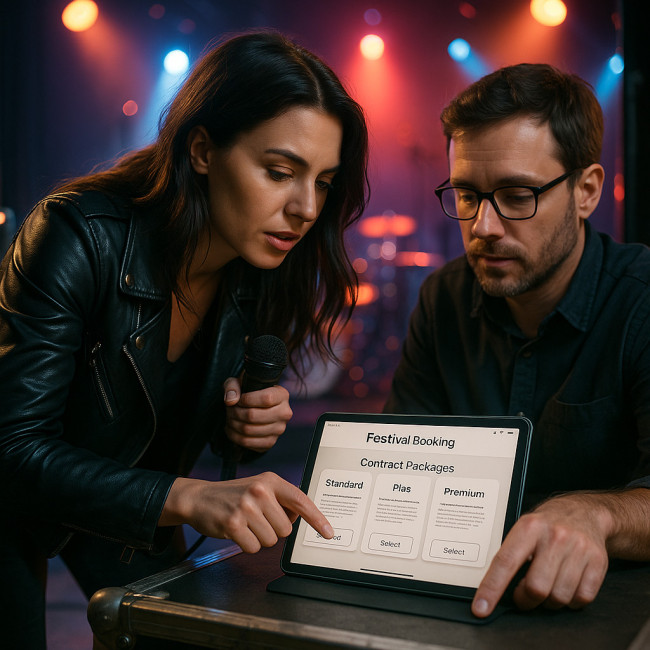 Singer negotiating festival contract during soundcheck