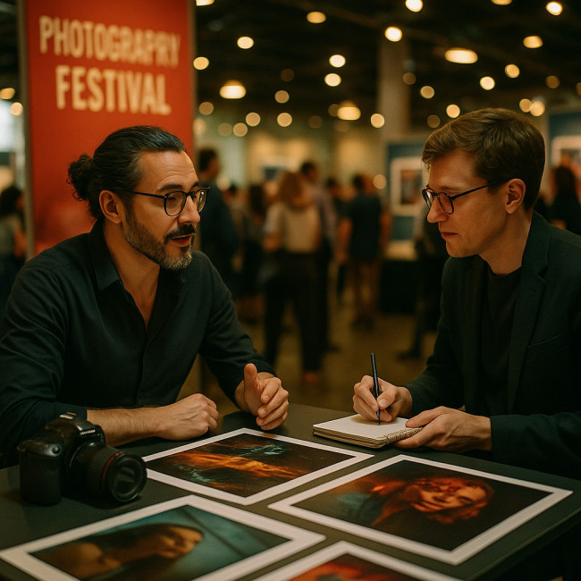 photographer showing portfolio to art director at a festival
