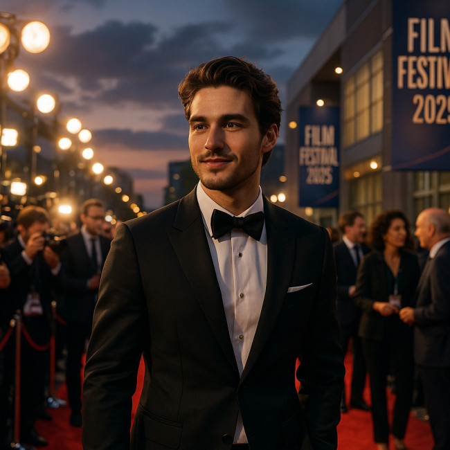 Emerging actor networking on a red carpet at an international film festival