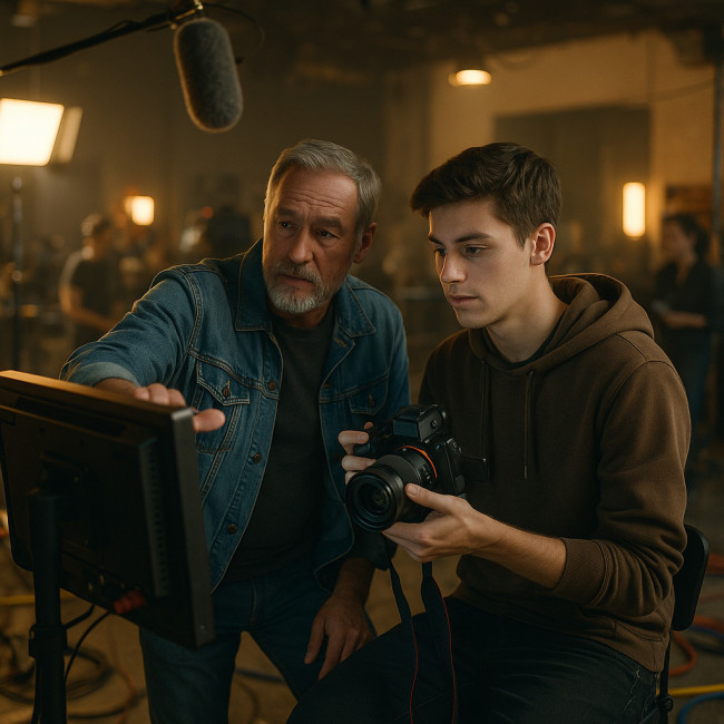Experienced filmmaker mentoring young videographer on set