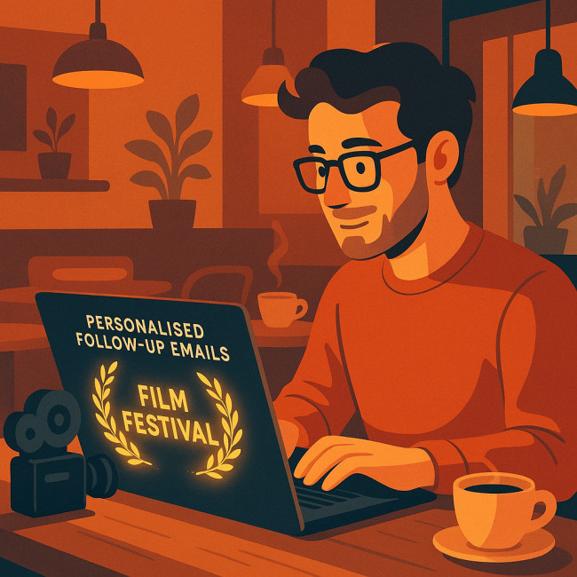 filmmaker sending follow-up emails in café