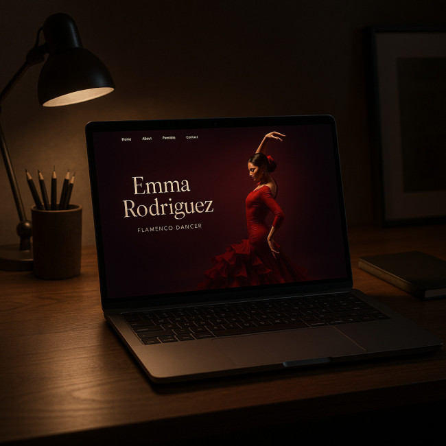 Flamenco dancer portfolio with burgundy gradient on laptop