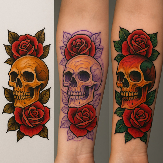 Triptych showing flash art, fresh tattoo and healed result