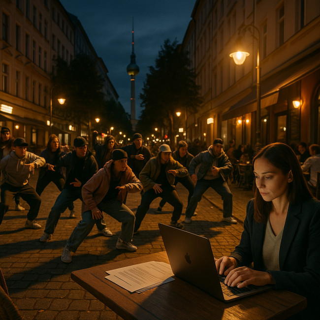 Planner sending e-signatures while flash mob rehearses