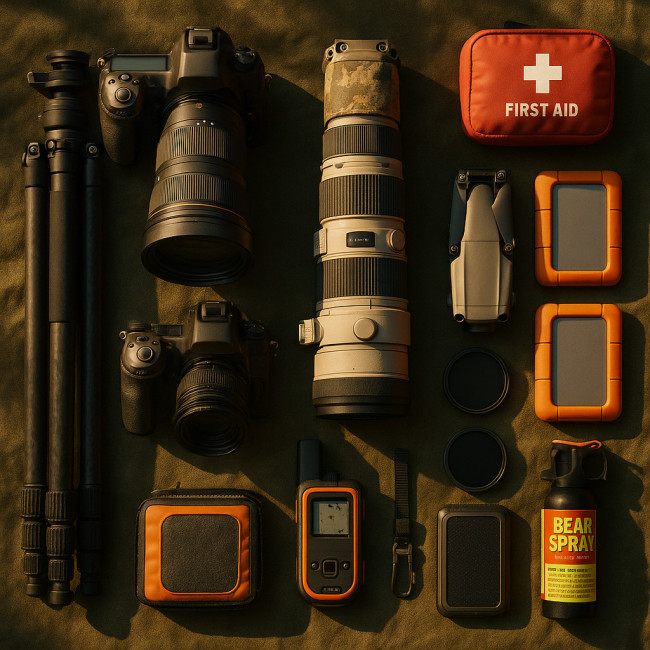 flat lay of professional nature photographer gear