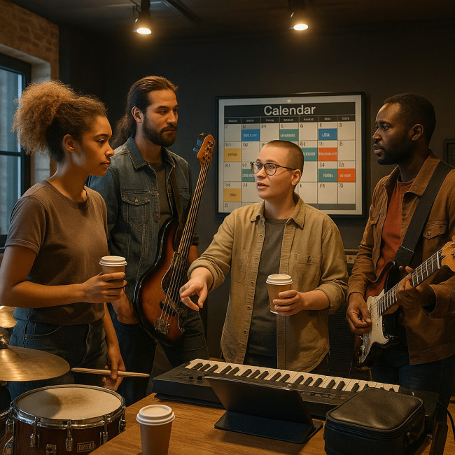 Musicians review a color-coded rehearsal calendar