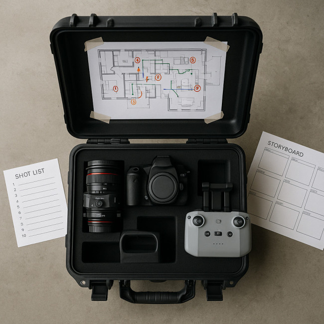Open gear case with floor plan and shot list
