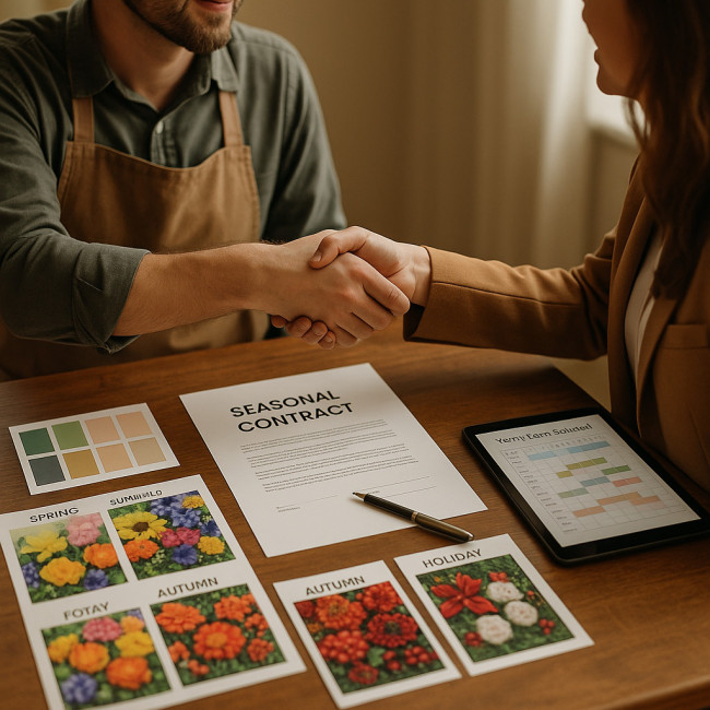 Floral artist signing seasonal contract with planner