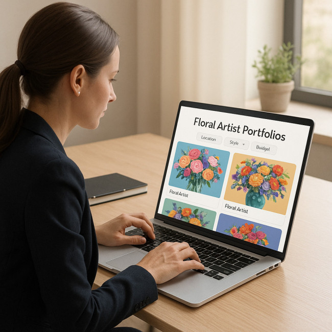 Recruiter browsing floral artist directory on laptop