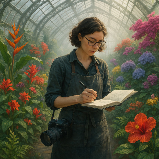 floral artist studying diverse plants in a botanical garden