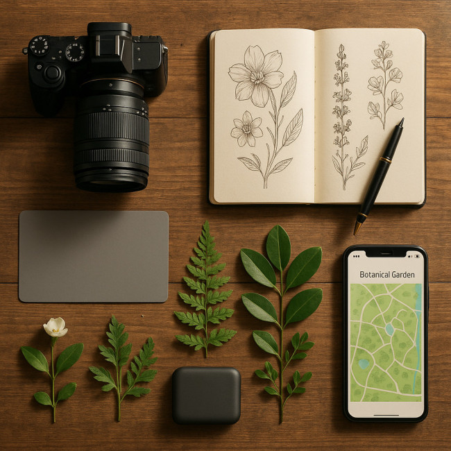 flat lay of floral research tools for a botanical garden visit