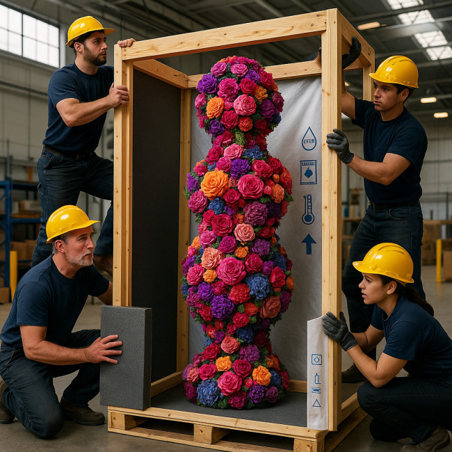 Technicians securing a large floral sculpture inside a custom plywood crate