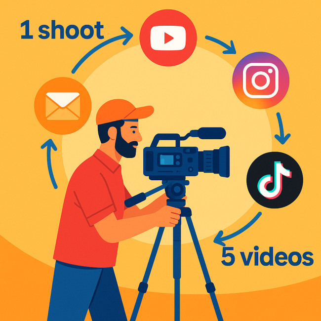 Illustration of one video shoot turning into five social media assets