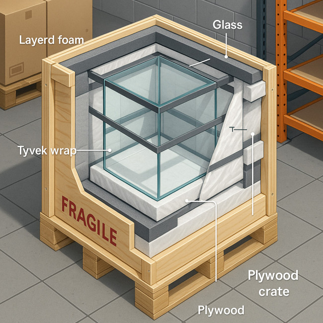 Cutaway view of fragile display packed in crate