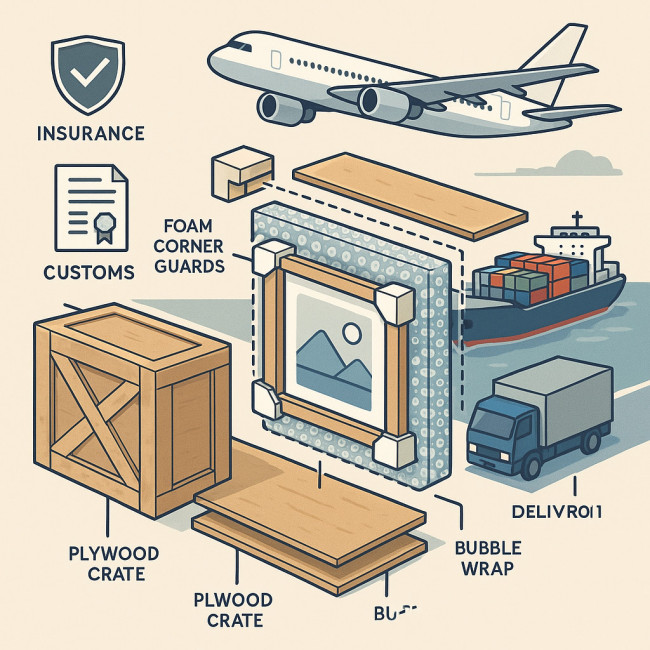 Isometric illustration of framed print packaging and transport