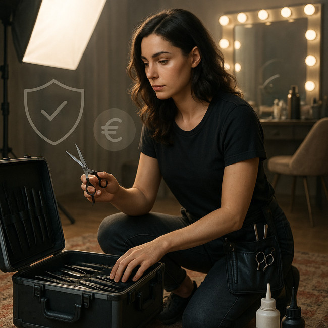 Freelance coiffeur surrounded by tools and insurance symbols