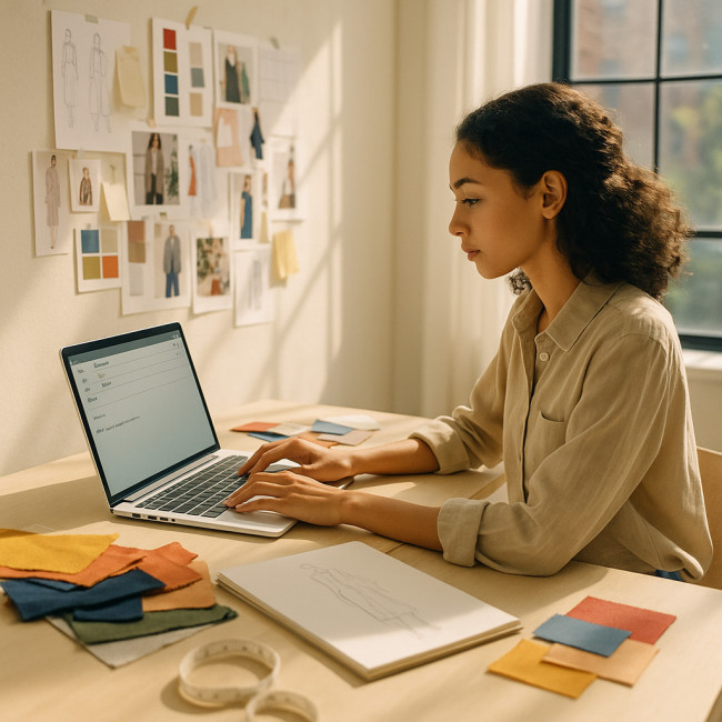 Freelance fashion designer drafting an email pitch with fabric swatches nearby