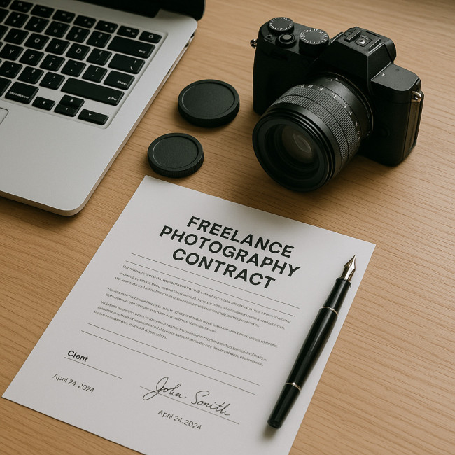 Flat lay of signed photography contract with camera gear